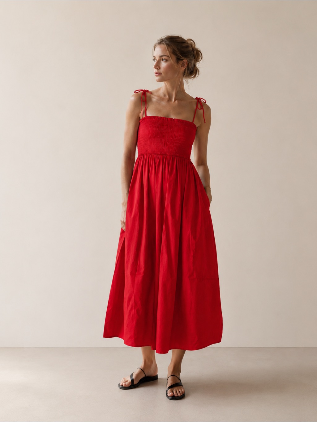 Cos Red Smocked Tie Strap Max/Midi Dress With Pocketssize L Nwt